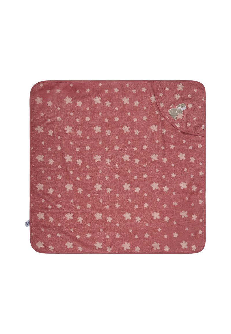 Soft pink blanket patterned with small light flowers, featuring a corner pocket and an embroidered bunny detail in one corner.