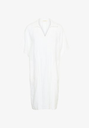 Široka bijela lanena haljina s kratkim rukavima, V-izrezom, širokim ovratnikom i suptilnim okomitim naborima sprijeda.
