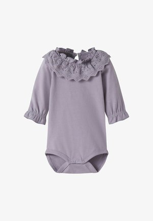 Lavender long-sleeve bodysuit featuring a ruffled lace collar, elasticized cuffs, and snap closures at the bottom. Smooth cotton fabric.