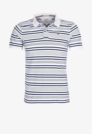 Weißes Polohemd mit kurzen Ärmeln und marineblauen horizontalen Streifen, Kragen und Knopfleiste mit zwei Knöpfen. Verfügt über ein kleines Logo auf der Brust.