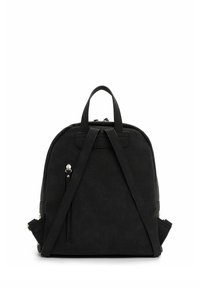 Zaino nero dalla forma arrotondata, realizzato in materiale morbido, con spallacci regolabili, una maniglia superiore e una tasca frontale con cerniera.