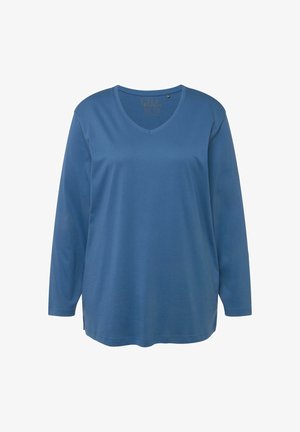 Langärmliges V-Ausschnitt-Shirt aus einfarbigem blauem Stoff. Weicher Baumwollmix mit lockerer Passform und dezenten Seitenschlitzen am Saum.