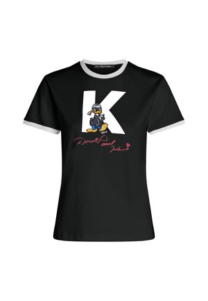 Black cotton t-shirt with contrasting gray ribbed collar. Features a large white letter "K" and an embroidered Donald Duck graphic with pink text.