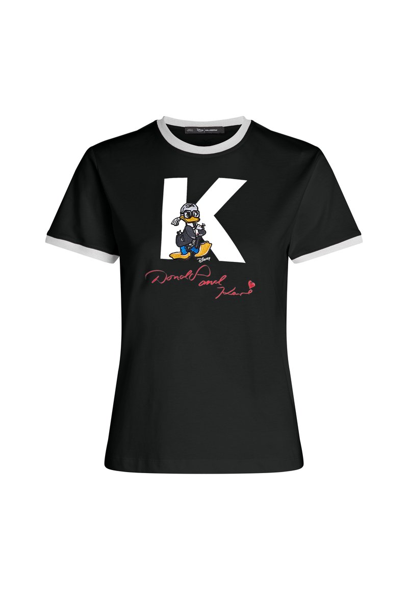 Czarna bawełniana koszulka z kontrastowym szarym ściągaczem. Posiada dużą białą literę "K" oraz haftowany grafikę Kaczora Donalda z różowym napisem.