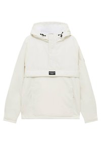 Vit luvtröja med ficka fram, dragsko och sidöppningar. Har en logotyp på bröstet och strukturerad tyg.