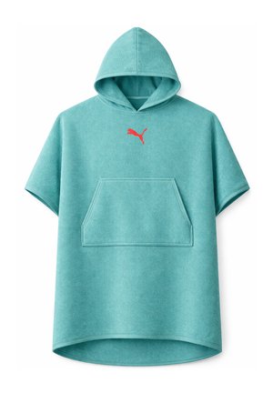 Türkisfarbenes kurzärmeliges Hoodie mit vorderer Kängurutasche und rotem Puma-Logo, zentriert unter der Kapuze.