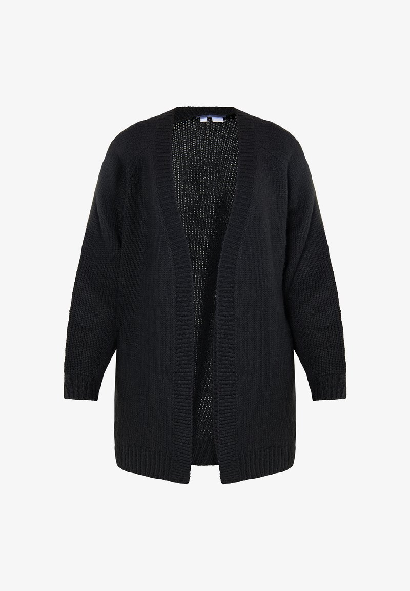 Juodas megztinis su atviru priekiu, raukšlėtais kraštais ir ilgomis rankovėmis. Tekstūruotas audinys, laisvas kirpimas, be užsegimo.