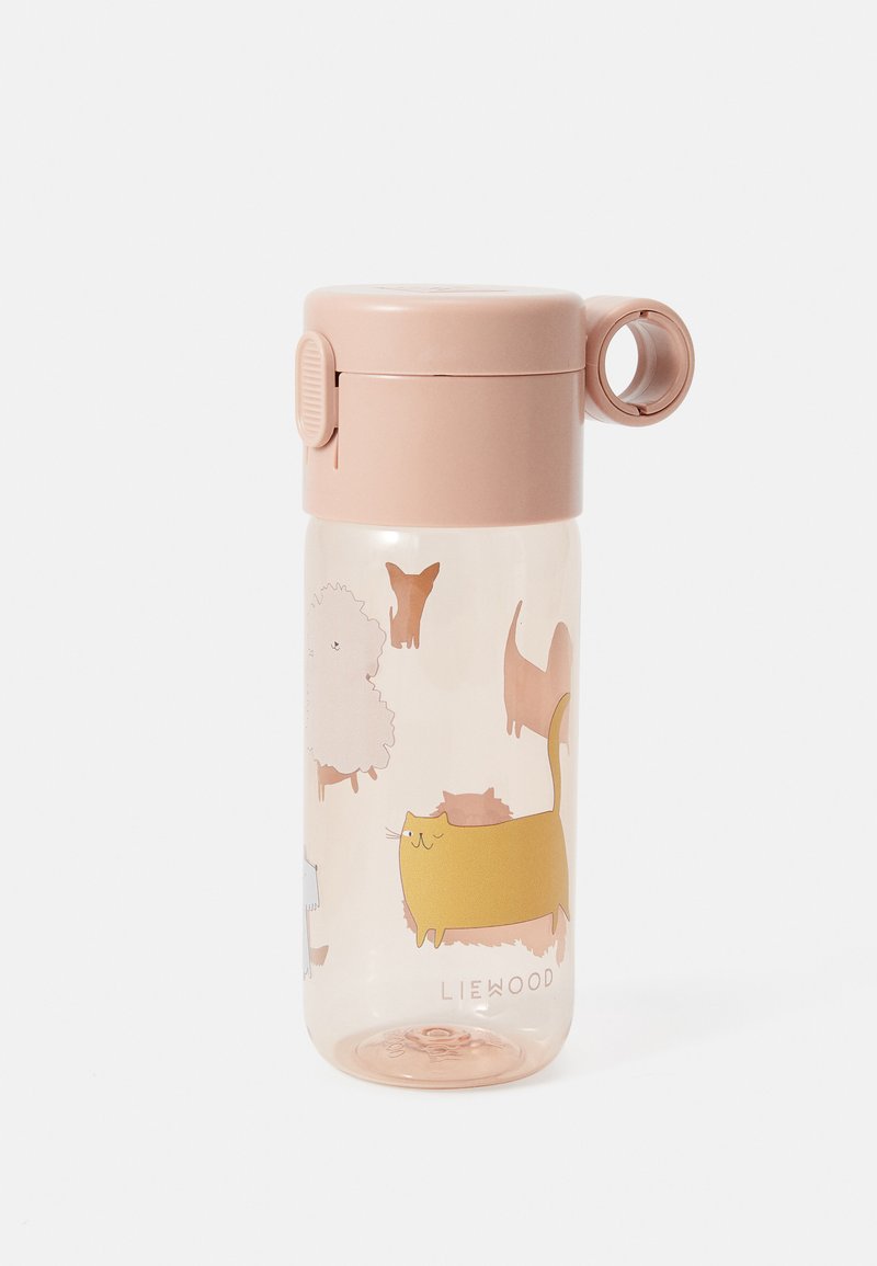 Bouteille d'eau en plastique transparent avec un couvercle rose, ornée d'illustrations d'animaux aux couleurs pastel. Forme ronde avec une poignée sur le côté.
