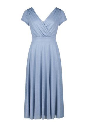 Light blue dress with short sleeves, V-neckline, fitted waist, and flowing skirt. Fabric has a subtle shimmer and soft texture.