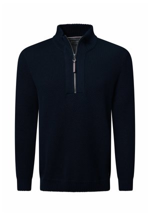 Dunkelblauer Pullover mit einem Viertelreißverschluss, aus strukturiertem Strickstoff gefertigt, mit hohem Kragen und gerippten Bündchen und Saum für eine enge Passform.