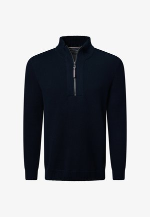 Dunkelblauer Pullover mit einem Viertelreißverschluss, aus strukturiertem Strickstoff gefertigt, mit hohem Kragen und gerippten Bündchen und Saum für eine enge Passform.