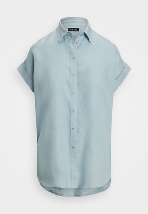 Light blue short-sleeve shirt made of soft fabric, featuring a button-down front, a classic collar, and a curved hem design.