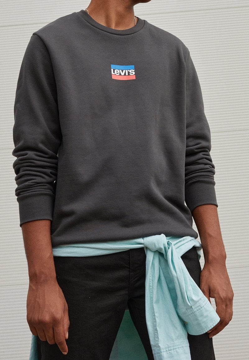 Šedá mikina s kulatým výstřihem, na hrudi červené, modré a bílé logo Levi's. Světle modrá košile uvázaná kolem pasu.