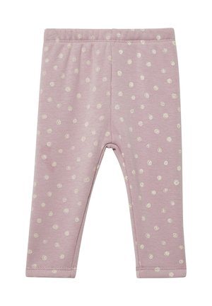 Roze leggings van zachte stof, met een wit stippenpatroon. Elastiche tailleband en naadloze constructie voor comfort.
