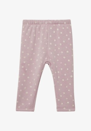 Różowe legginsy z miękkiego materiału, w białe kropki. Elastyczny pas i bezszwowa konstrukcja zapewniające komfort.