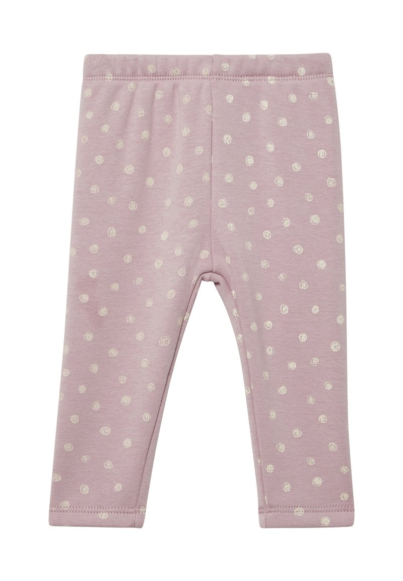 Leggings roses en tissu doux, ornés d'un motif à pois blancs. Ceinture élastique et construction sans coutures pour un confort optimal.