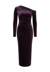 Garās piedurknes, pieguļošs kleita tumši violetā samta. Iezīmē viena pleca dizainu ar savilcumu detaļu jostasvietā un taisnu svārku.