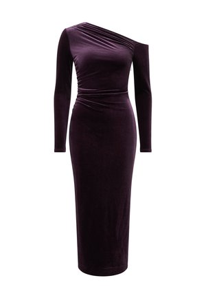 Langärmliges, figurbetontes Kleid aus tief-lila Samt. Verfügt über ein Schulterdesign mit gerafftem detail in der Taille und einem geraden Rock.