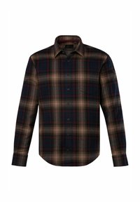 Camisa de botones en patrón de cuadros azul marino, burdeos y beige. Presenta mangas largas, un collar puntiagudo y un bolsillo en el pecho izquierdo. Tejido de mezcla de algodón.