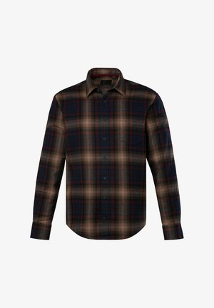 Košile na knoflíky v námořnické, burgundské a pískové kárové vzoru. Má dlouhé rukávy, špičatý límec a kapsu na levé části hrudi. Materiál je směs bavlny.