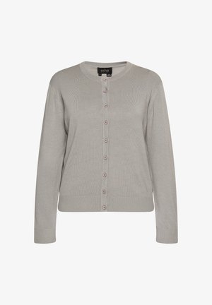 Világosszürke kardigán, kötött anyagból készült, kerek nyakkal, hosszú ujjakkal és enyhén bordázott szegéllyel. Gombos elülső rész rózsaszín gombokkal.