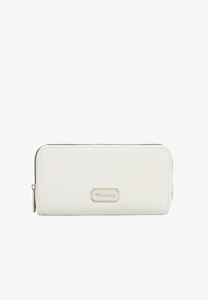 White faux leather wallet with a zip closure, rectangular shape, black stitching, and a gold-tone logo tag on the front.