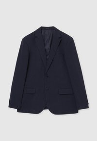 Blazer blu navy in tessuto strutturato, design a un petto, con rever a punta e due tasche frontali. Presenta una chiusura con bottoni e un interno foderato.