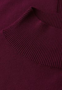 Pull bordeaux avec un col montant côtelé et une texture de corps lisse. Le tissu a une finition en tricot douce avec des coutures régulières.