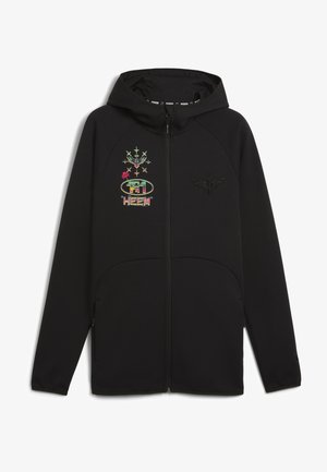 Sort zip-up hættetrøje med en hætte, prydet med farverige grafiske designs og tekst på fronten, lavet af blødt stof og med lommer.