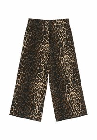 Široke hlače od mekanog materijala, ukrašene uzorkom leopard tiska s crnim i smeškim mrljama na bež podlozi. Elastična gumica u struku.