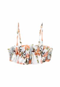 Blumen-Bralette mit weißem Grundton, ausgestattet mit pfirsichfarbenen und grauen Blumenmustern, Rüschendetails und verstellbaren Trägern.