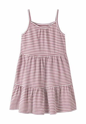 Robe sans manches à rayures horizontales roses et blanches avec fines bretelles et ourlet à volants en étages.