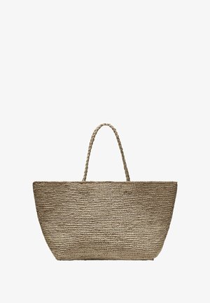 Vävd halm tote-väska i en naturlig beige färg; har flätade handtag, en bred rektangulär form och en strukturerad yta.
