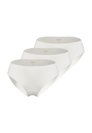 Trois culottes blanches sans coutures pour femmes en taille moyenne, disposées en diagonale avec la marque « JOOP !» et la taille « M 38 » imprimées à l’intérieur de la ceinture.