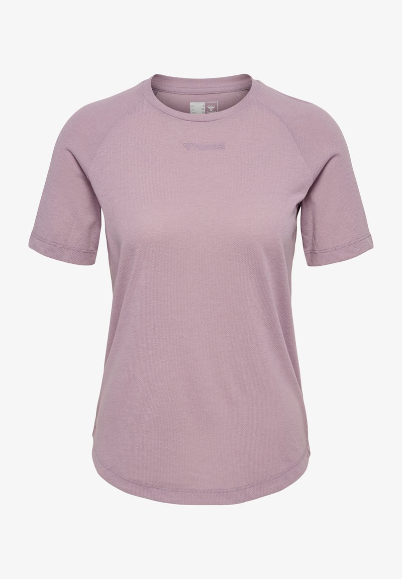 Vaaleanliila lyhythihainen t-paita pyöreällä pääntiellä, teksturoidusta kankaasta ja hienovaraisella brändäyksellä keskellä. Pehmeä ja rento muotoilu.