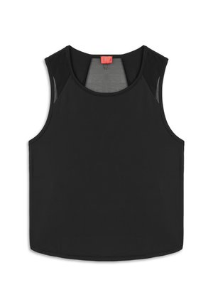 Zwarte, mouwloze top met een ronde halslijn, voorzien van meshpanelen op de schouders en een gebogen zoom. Gemaakt van een zachte, gladde stof.