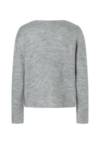 Hellgrauer, gestrickter Pullover mit langen Ärmeln, von hinten gezeigt, mit einem strukturierten Muster und einem geraden Saum.