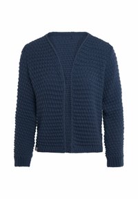 Marineblauwe gebreide cardigan met een gestructureerd patroon, open voorkant en lange mouwen. Voorzien van ribgebreide manchetten en zoom.