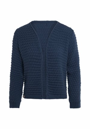 Marineblauwe gebreide cardigan met een gestructureerd patroon, open voorkant en lange mouwen. Voorzien van ribgebreide manchetten en zoom.