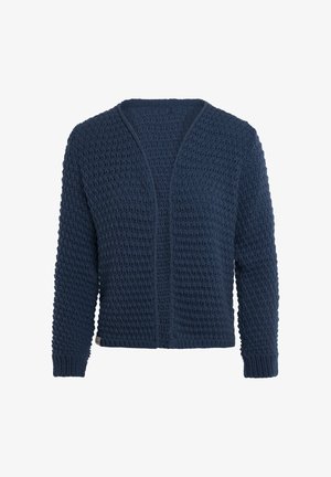 Marineblauwe gebreide cardigan met een gestructureerd patroon, open voorkant en lange mouwen. Voorzien van ribgebreide manchetten en zoom.