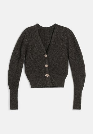 Cardigan noir à manches longues avec un léger effet scintillant et trois boutons décoratifs en forme de fleur sur le devant.