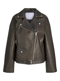 Brown faux leather motorcycle jacket with a belted waist, cropped design, asymmetrical zipper, and silver hardware accents.