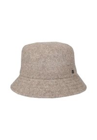Bruine vilten bucket hat met een brede, naar beneden hellende rand en subtiele textuur. Heeft een klein metallic logo detail aan de zijkant.