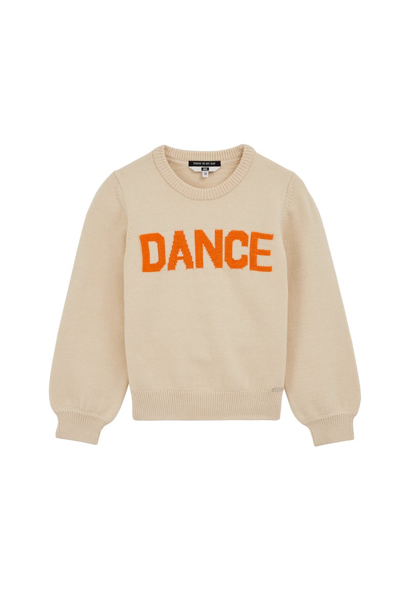 Maglione beige a maglia con maniche lunghe e scollo rotondo, con la parola "DANCE" in arancione brillante sul davanti.