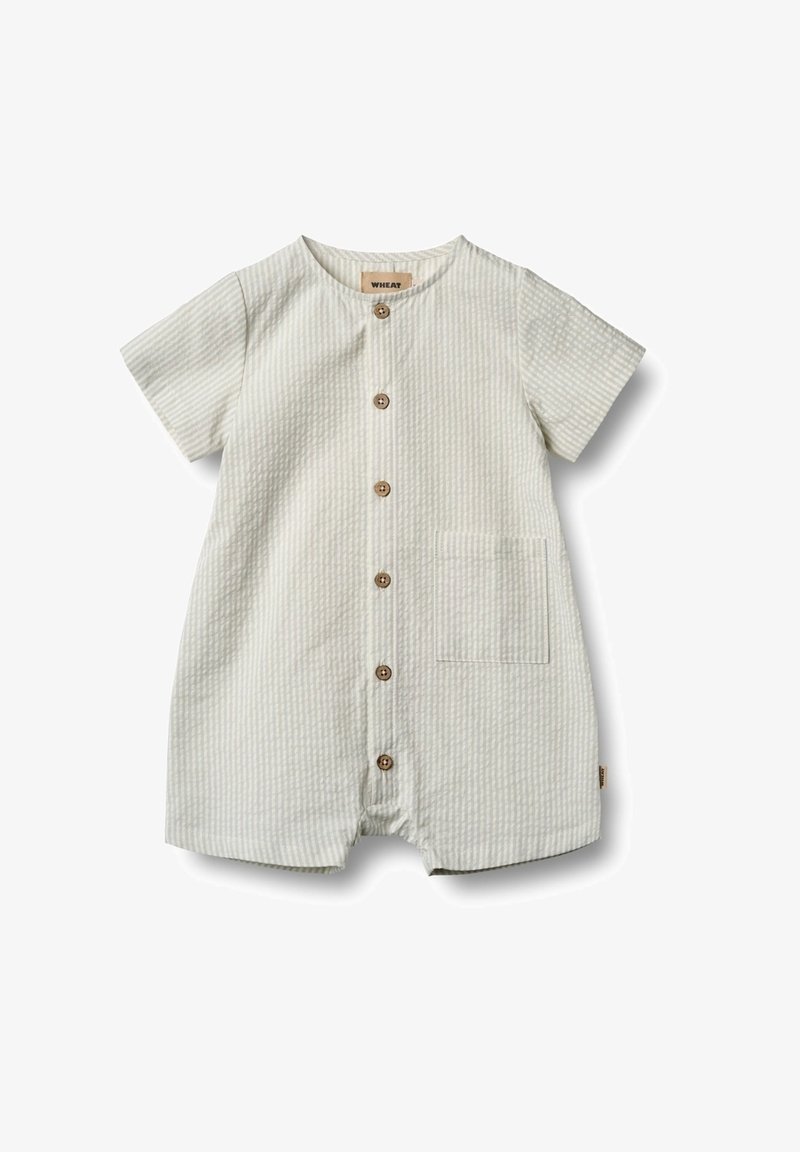 Barboteuse beige pour bébé à manches courtes avec boutons sur le devant, encolure ronde, tissu texturé et poche poitrine.