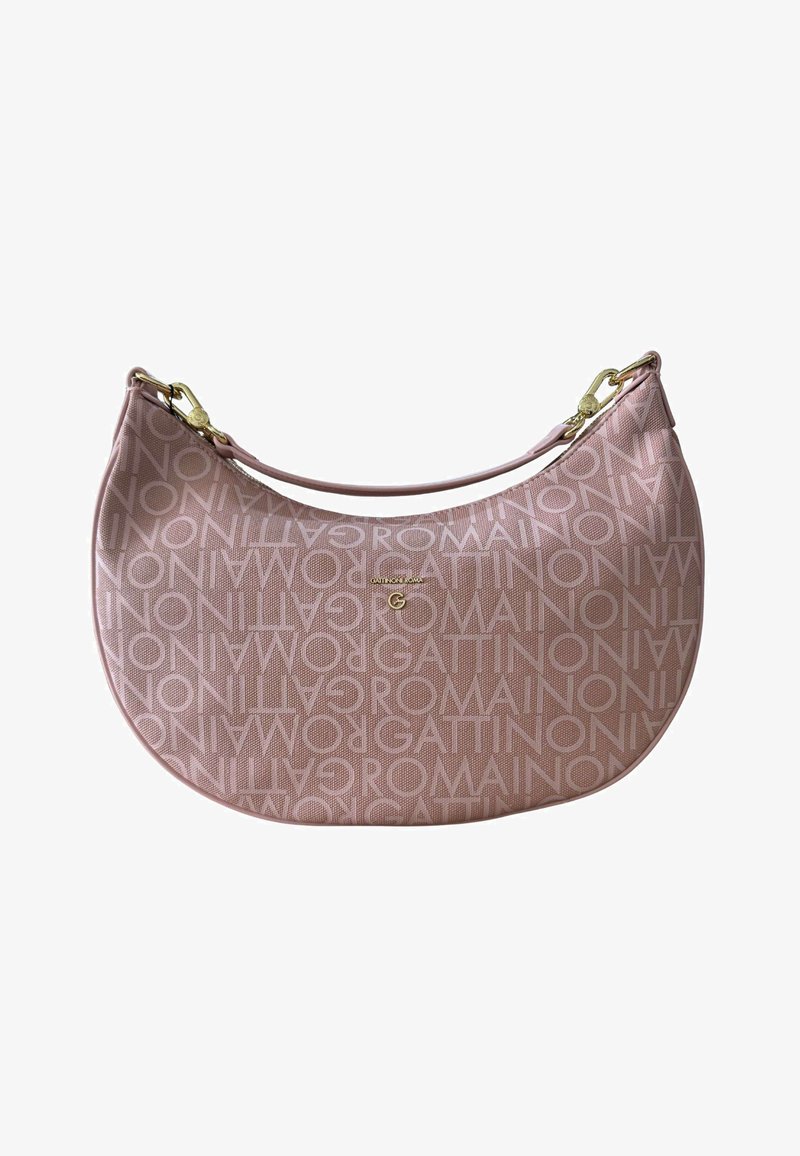 Borsa a mezzaluna rosa con motivo ripetuto "GATTINONI ROMA" e dettagli in oro sulla tracolla removibile.