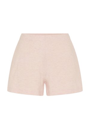 Šviesiai rožinės, aukštu liemeniu, šortai su subtilia tekstūra, be matomų tvirtinimo detalių ar papuošimų.