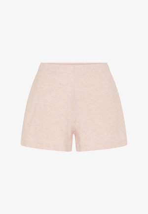 Lichtroze shorts met hoge taille, gemaakt van een subtiel gestructureerde stof, zonder zichtbare sluitingen of versieringen.