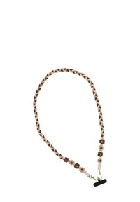 Collana intrecciata in beige e marrone con accenti floreali, dotata di un gancetto nero. Il design è testurizzato con motivi intrecciati.