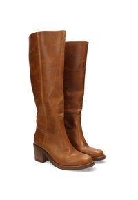 Stivali alti in pelle marrone con una superficie liscia, punta arrotondata e tacco impilato. Design semplice senza hardware o decorazioni in evidenza.